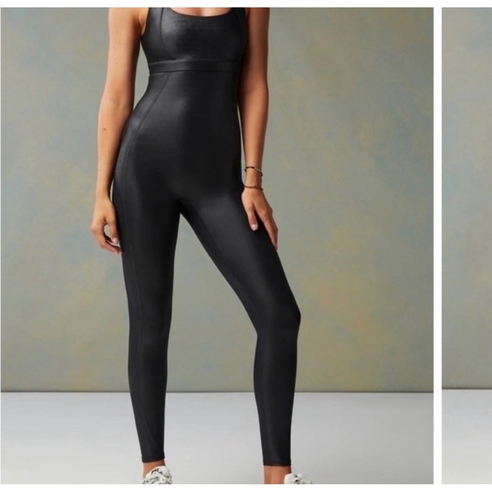 Fabletics Vegan Leather Bodysuit Black Open Back One Piece Jumpsuit Small